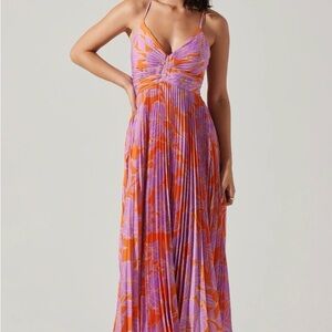 Astr Lavender and Orange Floral Pleated Maxi Dress